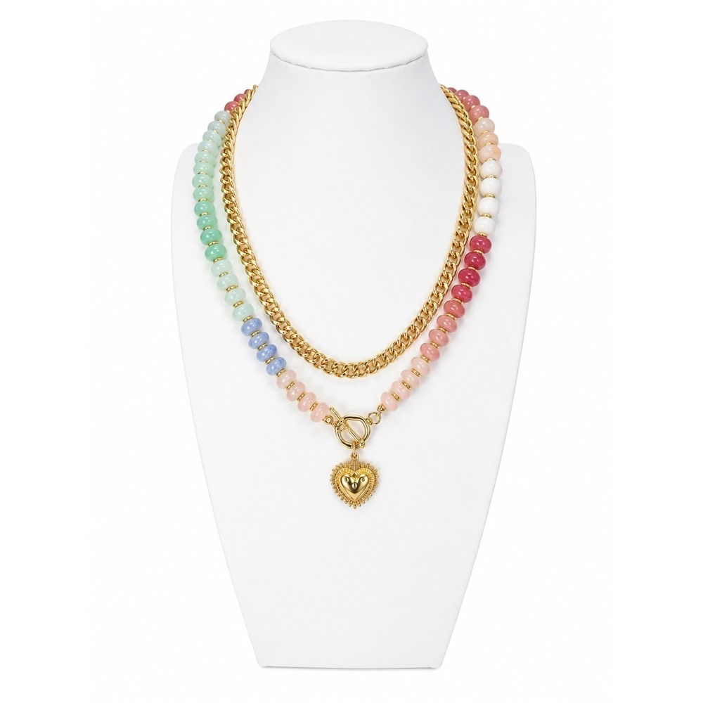 NEW Resin Beaded Toggle Heart Charm Necklace Gold Tone Chain